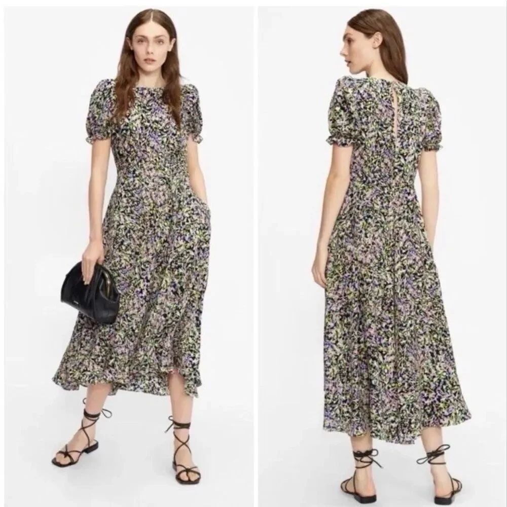 Ted Baker Purple Green Deyja Graduated Puff Sleeve Midi A-Line Dress Sz 1 US 4